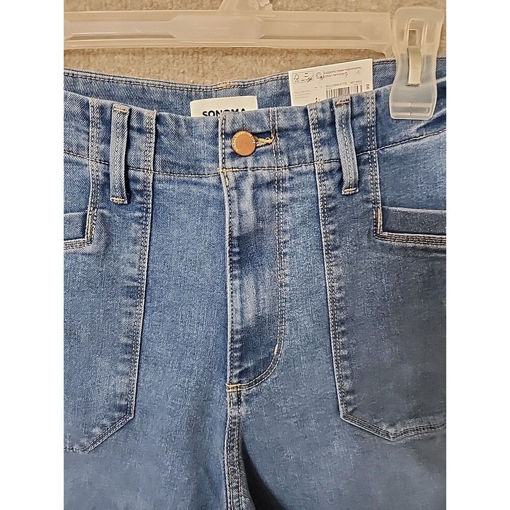 Sonoma Wide Leg Jeans Women 14 Blue Medium Wash Patch Pockets Raw Hem UtilityNEW - Picture 4 of 11